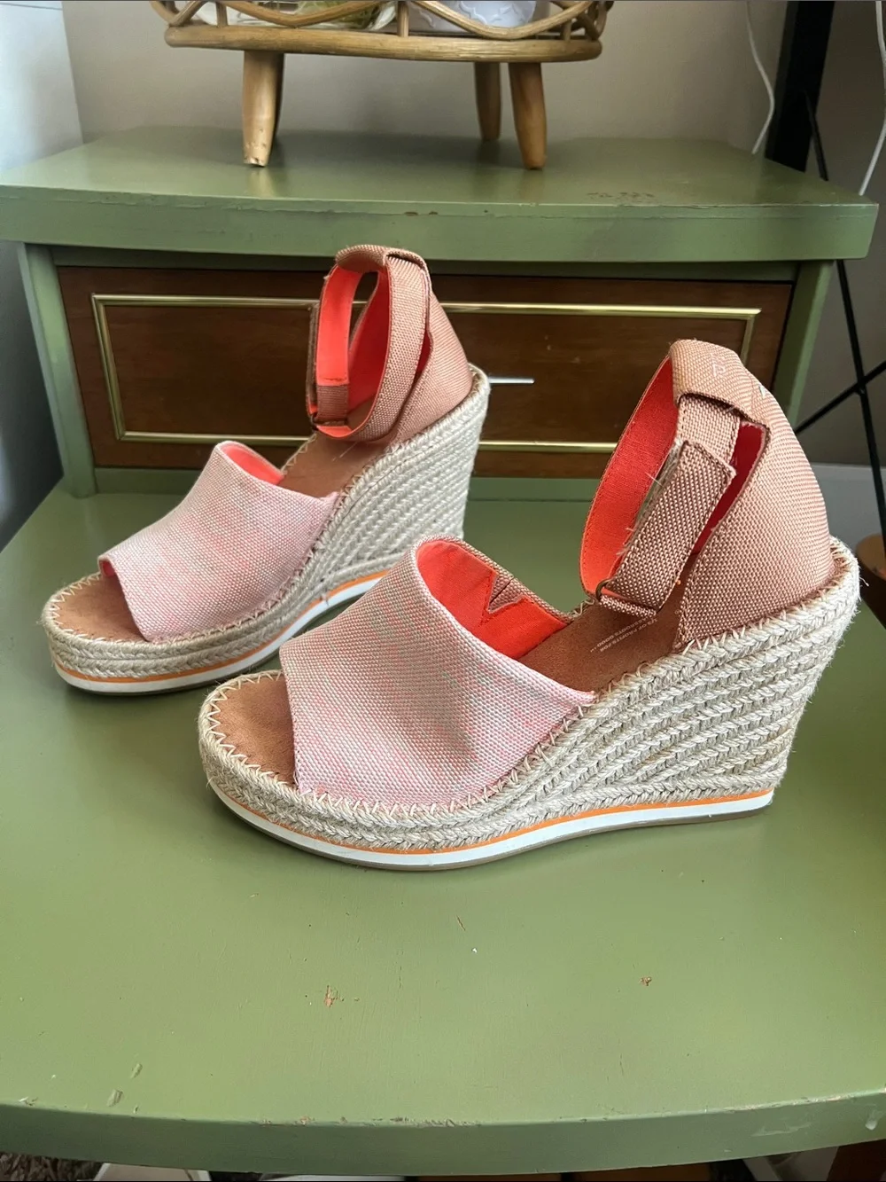 TOMS Coral Pink Espadrille Wedge Sandals with Ankle Strap